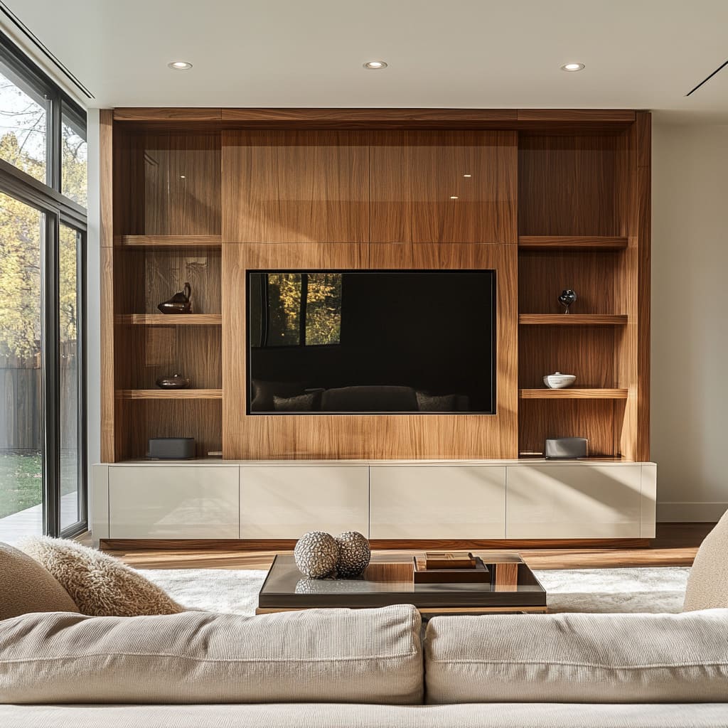 a cool approach to tv wall design is evident in this space where innovative materials are used to create a chic and modern look
